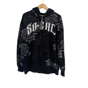 SoCal Graphic Paisley Floral Zip Up Jacket Mens Size Large Black Streetwear Y2K